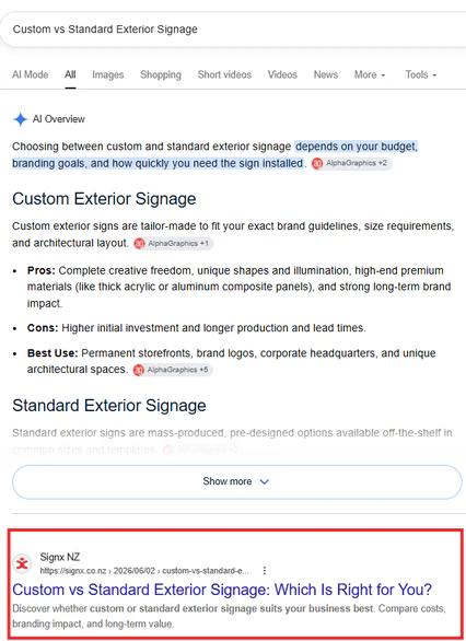 Google search results screenshot for Signx NZ