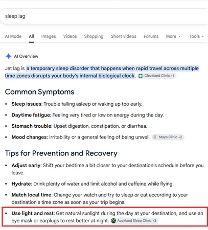 Search result for sleep lag showing a Google AI Overview above the organic results.