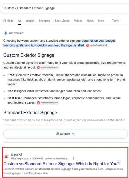 Google search results showing Signx NZ on page one for custom versus standard exterior signage.