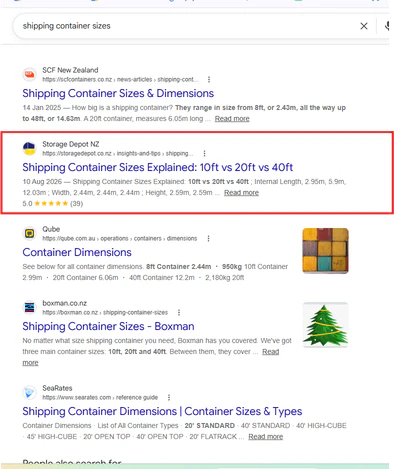 Google Search Console evidence for Storage Depot NZ content performance.