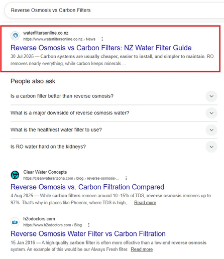 Google search result showing Waterfilters Online ranking first for reverse osmosis versus carbon filters.