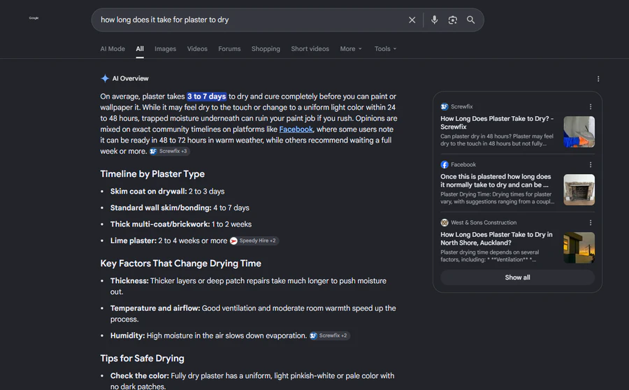 Google AI Overview search result showing West and Sons Construction cited for plaster drying time.